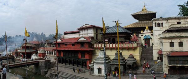 Pashupatinath main temple complex with smoke rising from the ghats