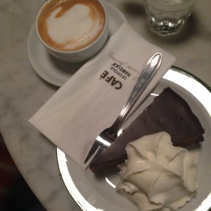 Weiner Melange and Sacher Torte at a traditional coffee house in Vienna.