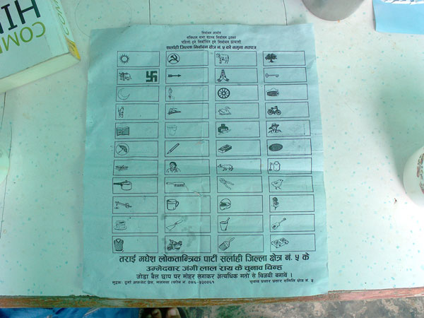 A ballot using symbols for parties, considering Nepal's 57% literacy rate