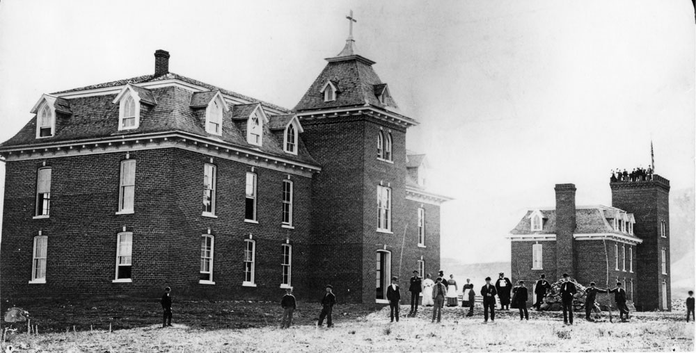 1870 Jarvis Hall, 1873 School of Mines While under construction, a severe windstorm tore through the unboarded window openings of the incomplete Jarvis Hall (left), blowing off the roof, collapsing the walls and delaying completion until 1870. The School of Mines (right) opened in 1873 as an affiliate of Jarvis Hall, but was purchased by the territorial government in 1874. Apparently these early Miners weren?t invited to pose in the foreground of the photo (they appear to be photo-bombing from the tower) suggesting it was taken after the split. (Photo taken c. 1876; History Colorado Center)