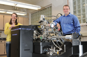 Amy Morrissey MS ?13, PhD candidate, and Brian Gorman, associate professor of metallurgical and materials engineering and director of the interdisciplinary Materials Science Program, stand in front of an atom probe.