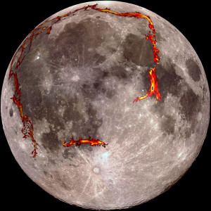 The full Moon as seen from the Earth, with the Procellarum border structures superimposed in red. (Photo Credit: Kopernik Observatory/NASA/Colorado School of Mines/MIT/JPL/Goddard Space Flight Center)