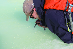John Spear nosing around for the smell of sulfide, which can be detected by humans in amounts as small as two parts per billion.