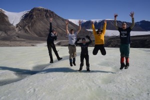 The Borup Fiord Pass Glacier Astrobiology research team (L to R): Christopher Trivedi, Steve Grasby, Alexis Templeton, Graham Lau, and John Spear.