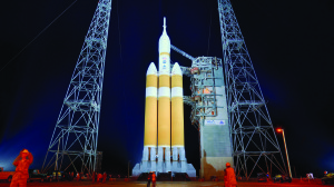 The Orion spacecraft sits atop a Delta IV Heavy launch vehicle at Cape Canaveral, awaiting the Dec. 5, 2014, test launch.