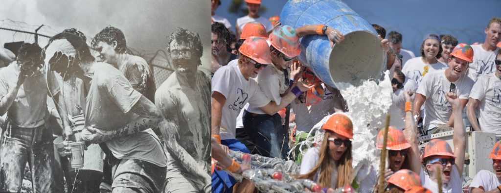 Two photos side by side, one a black and white image of former Mines students getting covered with whitewash during the M Climb and the other a photo of current Mines students getting whitewash poured on their heads