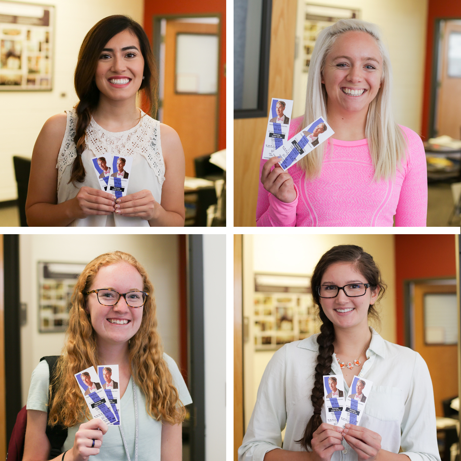 #MinesGeek contest winners, Haley Whalen, Katie Varnadoe, Andrea Mackie and Madeline Behr, holding their tickets to see Bill Nye The Science Guy
