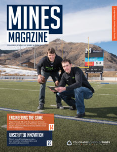 Mines Magazine spring 2018 cover with Chad Friehauf and Jake Plummer on the Marv Kay Stadium field