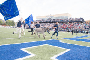 Students run down the football field with Blaster and Mines flags during the Homecoming football field
