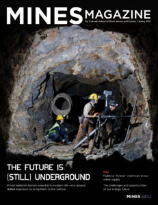 Mines Magazine spring 2020 cover showing three mining engineering students working in Edgar Mine