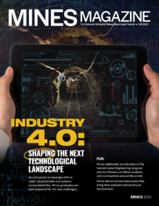 Mines Magazine fall 2023 cover showing an tablet screen with an image of a mine with a digital overlay.