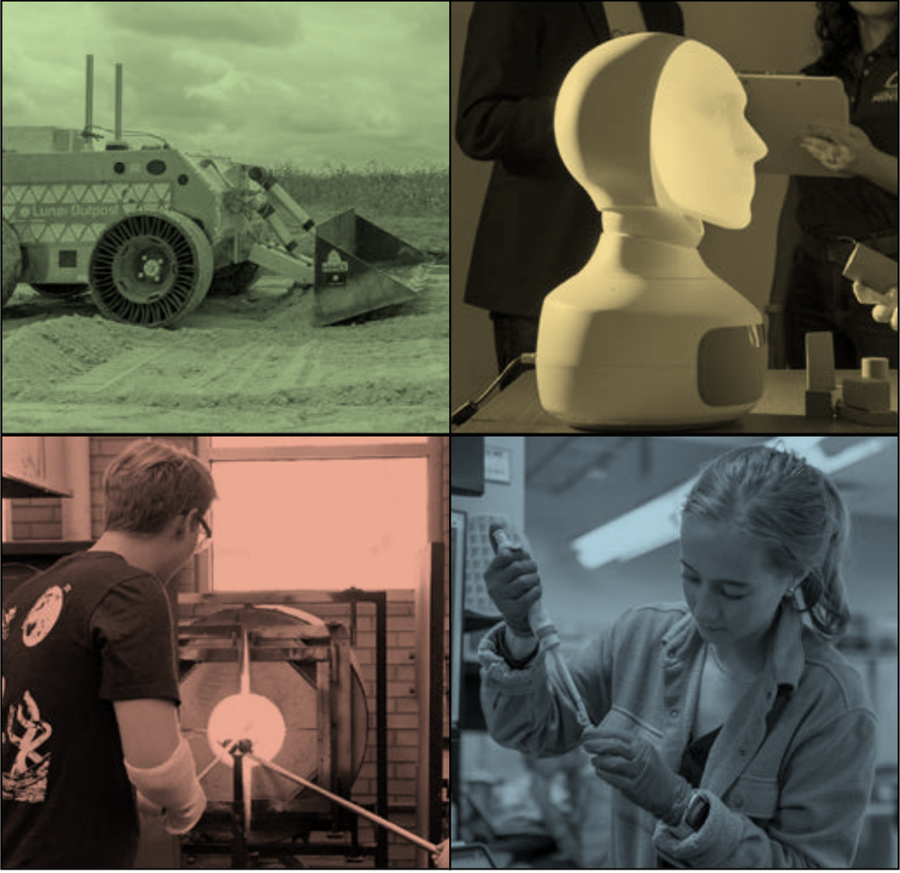 Grid of four photos showing space technology, robotics, ceramics engineering and bioscience research.