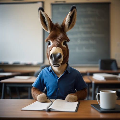 An artificial intelligence-created image of a burro wearing a blue shirt, sitting behind a desk with a notebook and coffee cup.