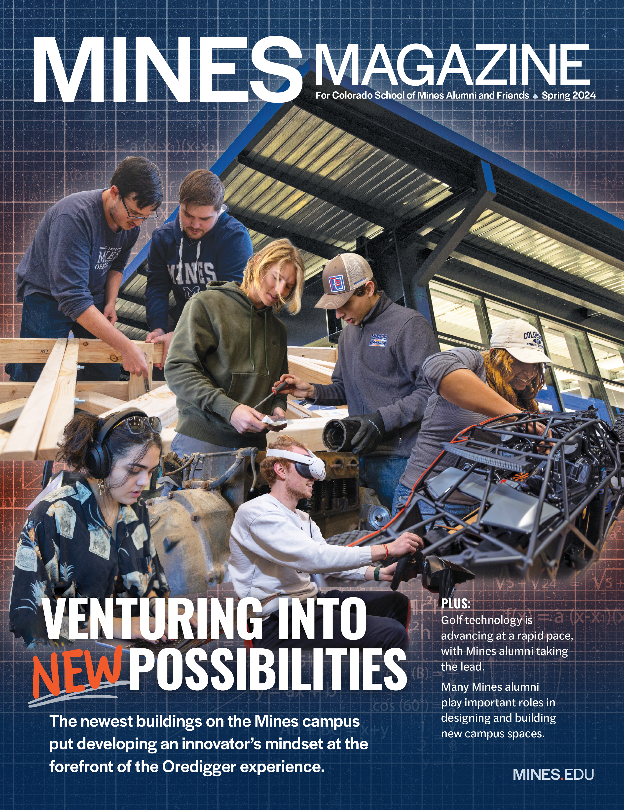 Mines Magazine spring 2024 cover depicting students working on various projects